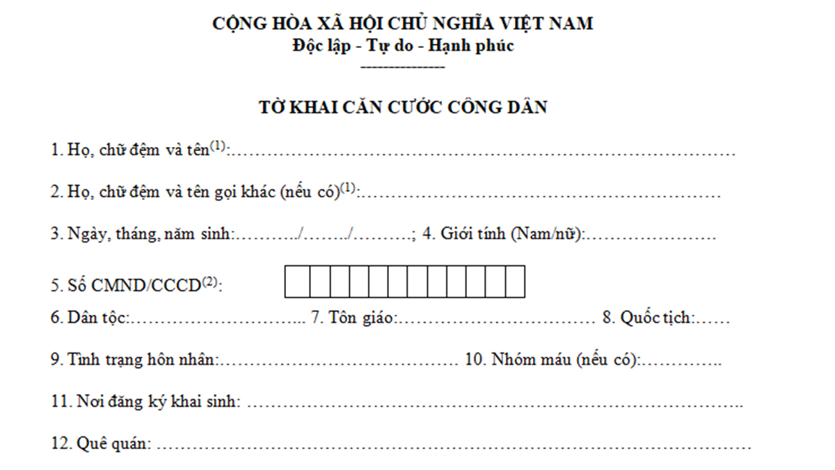 Mẫu tờ khai Căn cước công dân (Mẫu CC01) mới nhất